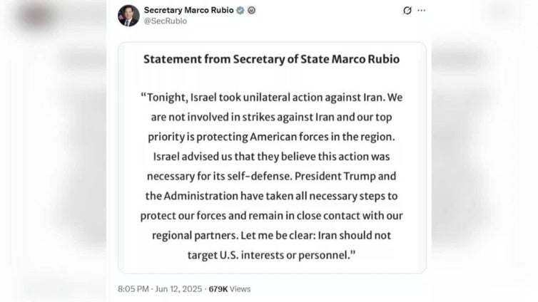 Marco Rubio: "Israel ha tomado medidas unilaterales contra Irán" para "su propia defensa"