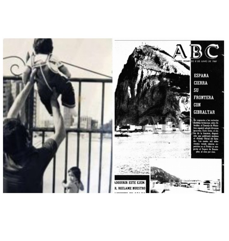 Portada de ABC del 8 de junio de 1969 y fotografía de una familia mostrando su bebé a sus familiares del otro lado de la Verja