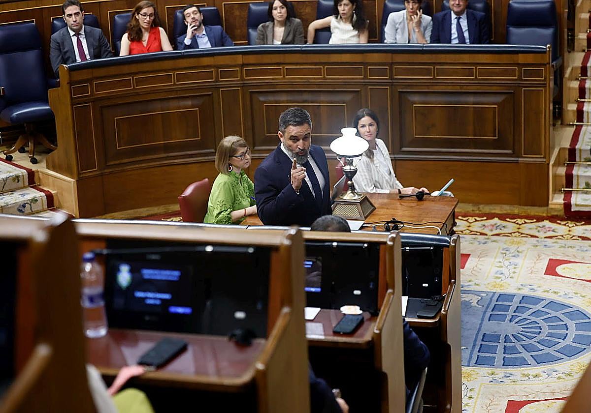 Santiago Abascal se dirige a Pedro Sánchez, al abandonar el pleno de este miércoles en el Congreso