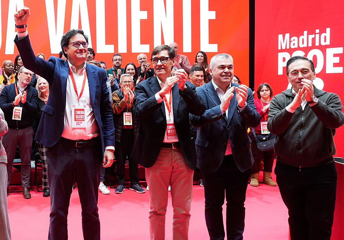 Óscar López, Salvador Illa, Santos Cerdán y José Manuel Albares, en febrero de este año durante el congreso regional del PSOE de Madrid