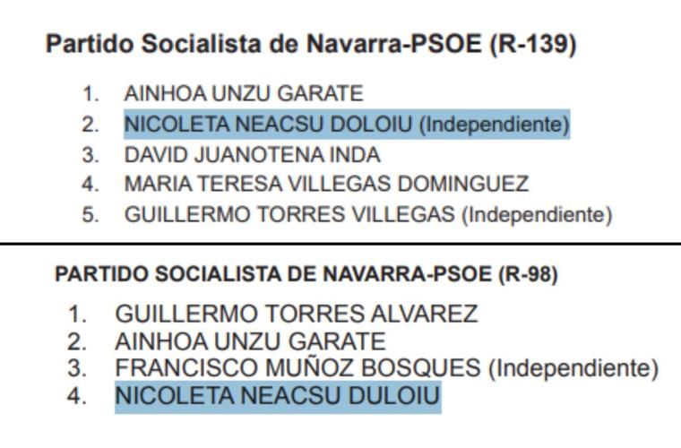 Listas electorales del PSOE en las elecciones municipales de Esteríbar (Navarra) en 2019 [abajo] y 2023 [arriba]