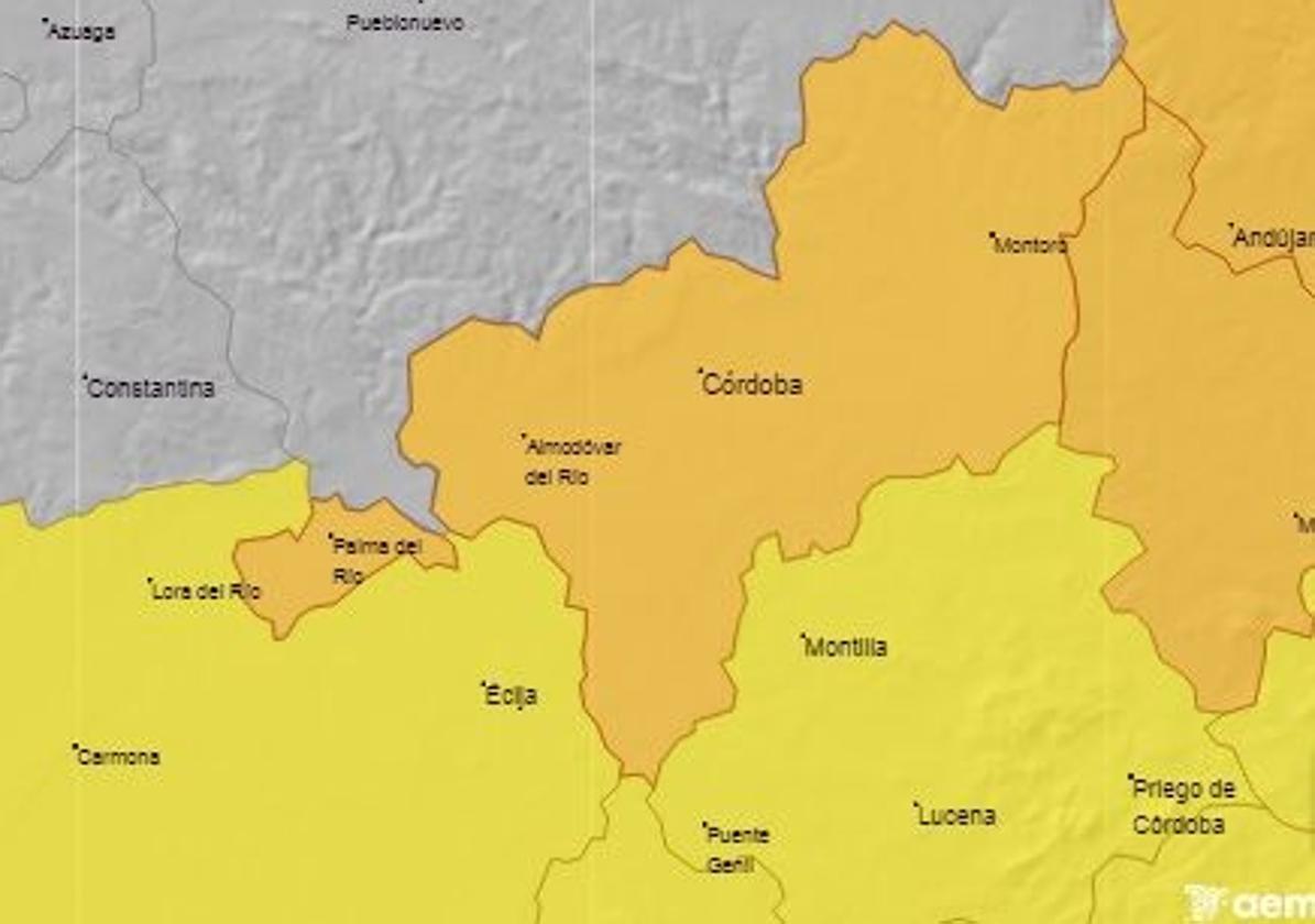 Mapa de Córdoba pintado de naranja y amarillo por calor este domingo