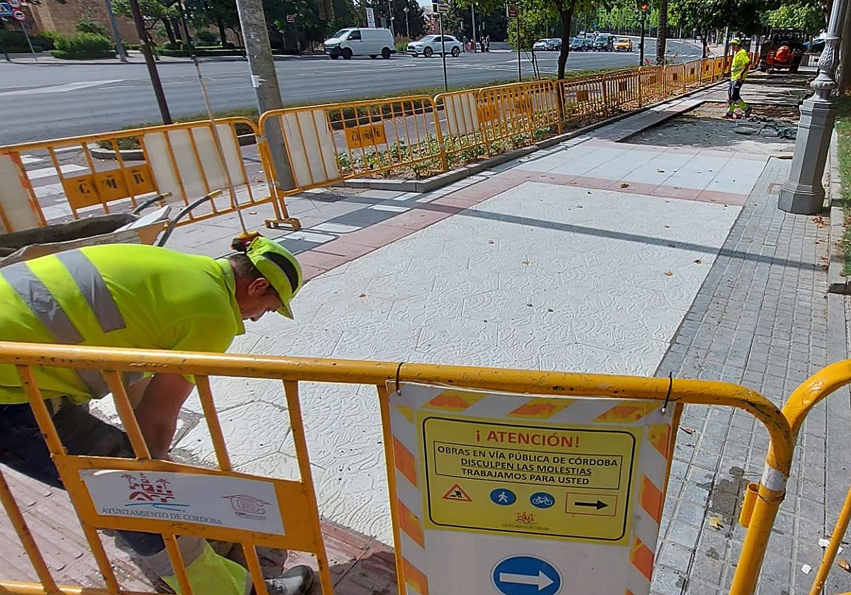 Reposición de las baldosas en la avenida Vallellano