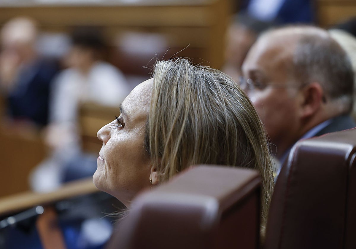 La secretaria general del PP, Cuca Gamarra, y el portavoz del Grupo Parlamentario Popular en el Congreso, Miguel Tellado, este jueves, durante el pleno de la Cámara Baja