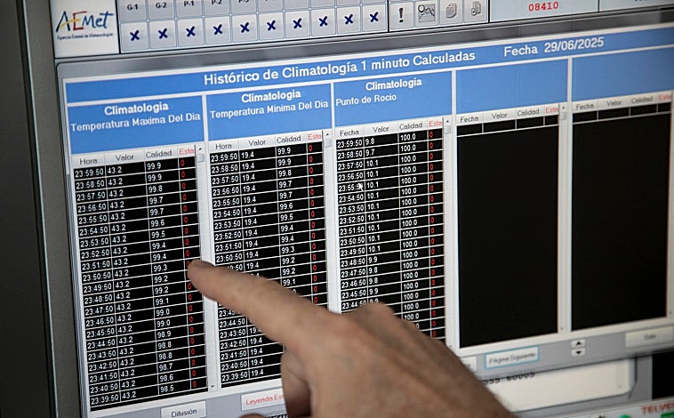 Imagen principal - A diferencia de los hitos urbanos donde un termómetro gigante enclaustrado en plástico al sol de plano arroja temperaturas que en el caso de Córdoba suelen ser escandalosas en muchos momentos del veranlo (hasta 50 grados), el sistema del Observatorio del Aeropuerto de Córdoba, el oficial para dar la temperatura a la Aemet, trabaja con soportes de 1,20 de altura metidos en carcasas con rendijas para que entre el aire y no le dé directamente el sol.