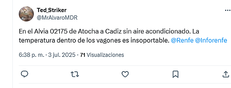 El sofocante trayecto de unos viajeros en un tren Madrid - Cádiz sin aire acondicionado: «Es insoportable»