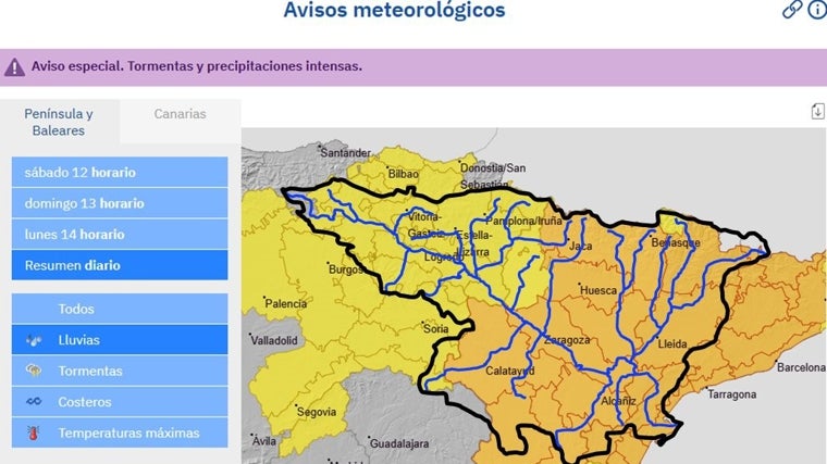 Los avisos de la Aemet y Confederación Hidrográfica del Ebro (CHE) para este sábado
