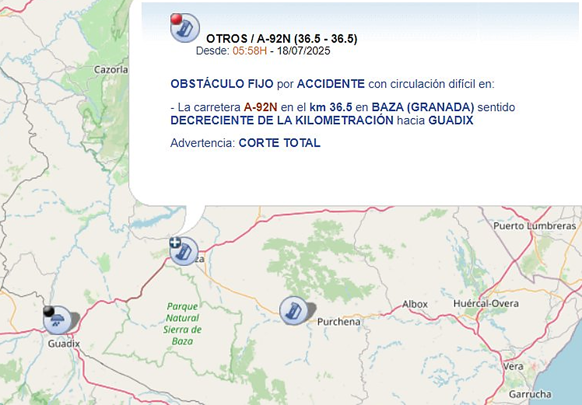 Aviso de accidente por parte de la DGT en la A-92 esta mañana