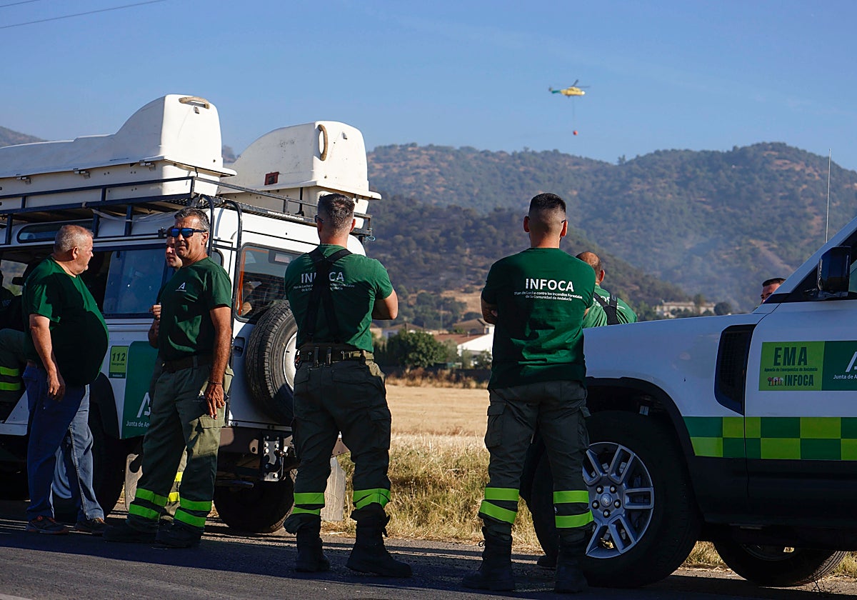 Efectivos del Infoca contemplan las labores de extinción del incendio en la zona de la Albaida