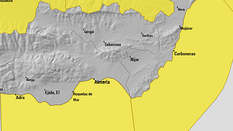 Zonas con aviso amarillo en Almería