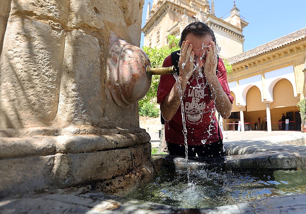 Un hombre se refresca en la fuente del olivo, del Patio de los Naranjos