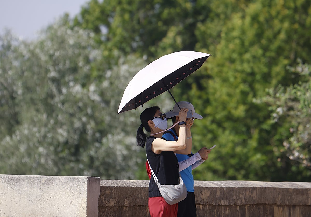 Los turistas se protegen en Córdoba con un paragüas