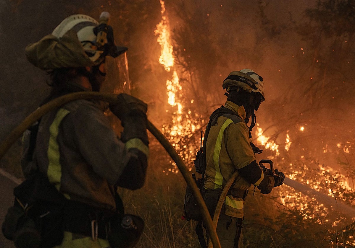 Brigadistas en el incendio forestal de As Neves, en Pontevedra