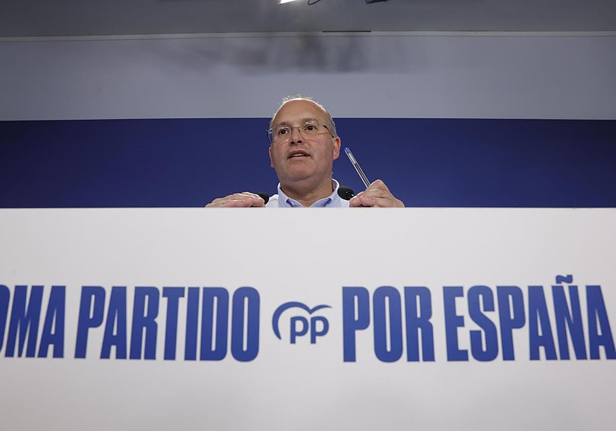 Tellado, secretario general del PP, el miércoles, en rueda de prensa en la sede nacional del PP