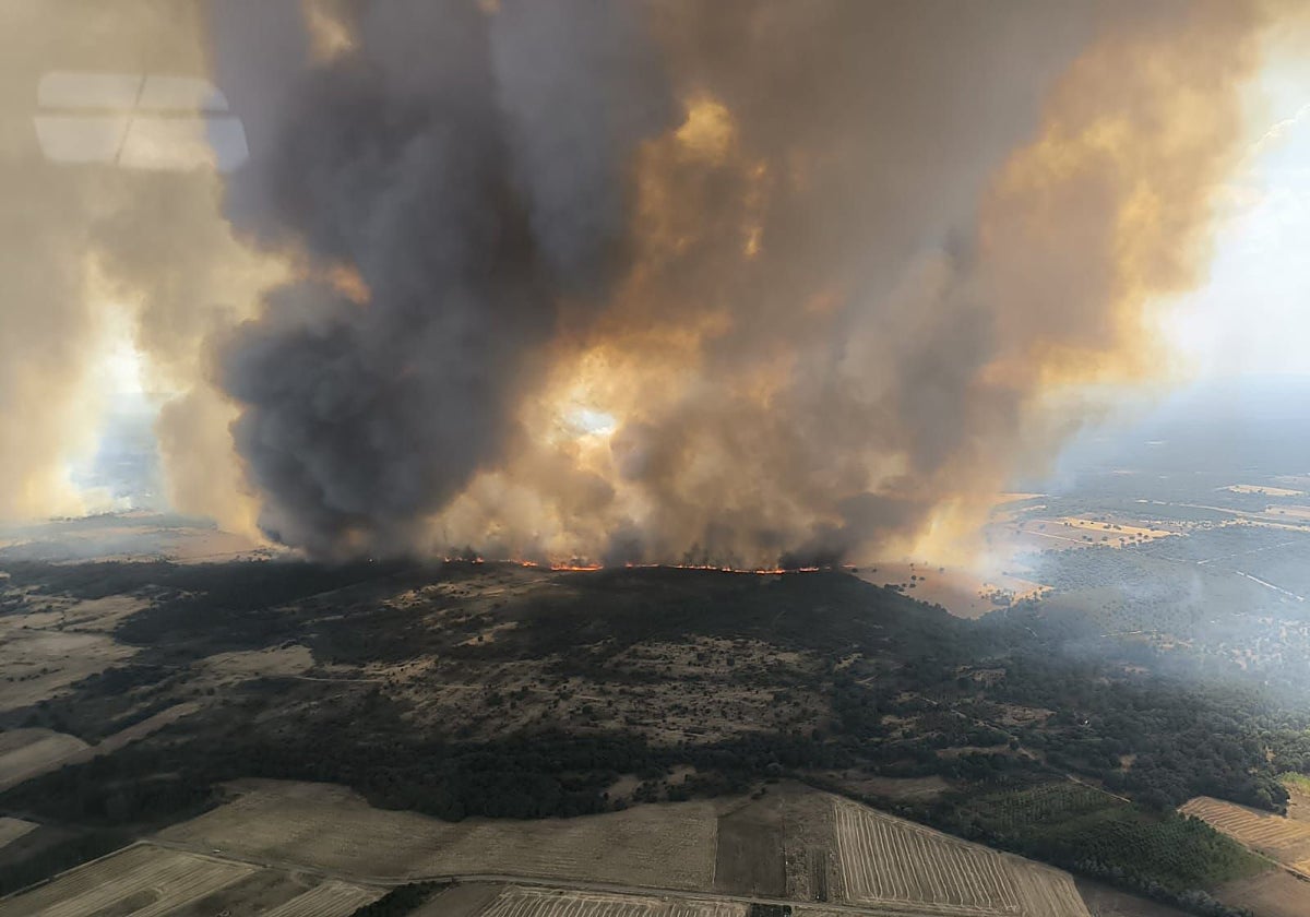 Incendio de Molezuelas de la Carballeda (Zamora) a la llegada de uno de los helicópteros del operativo