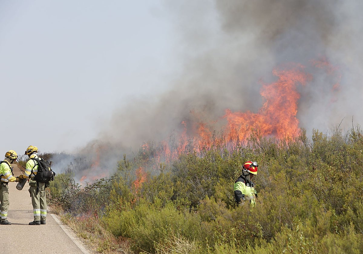 Efectivos de extinción, en el incendio declarado en Puercas (Zamora)
