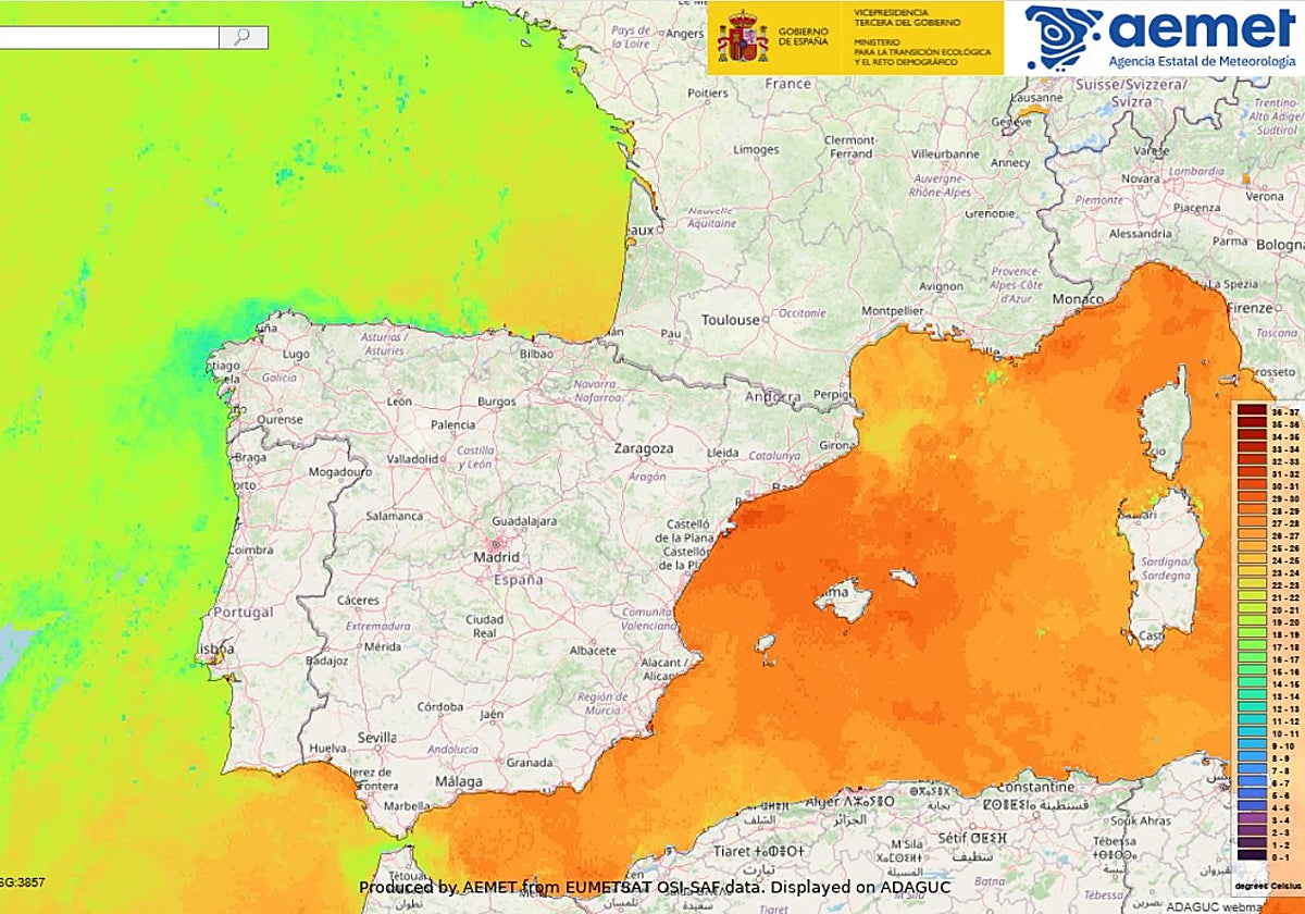 Mapa de la Aemet que refleja temperaturas de récord en el agua de las playas