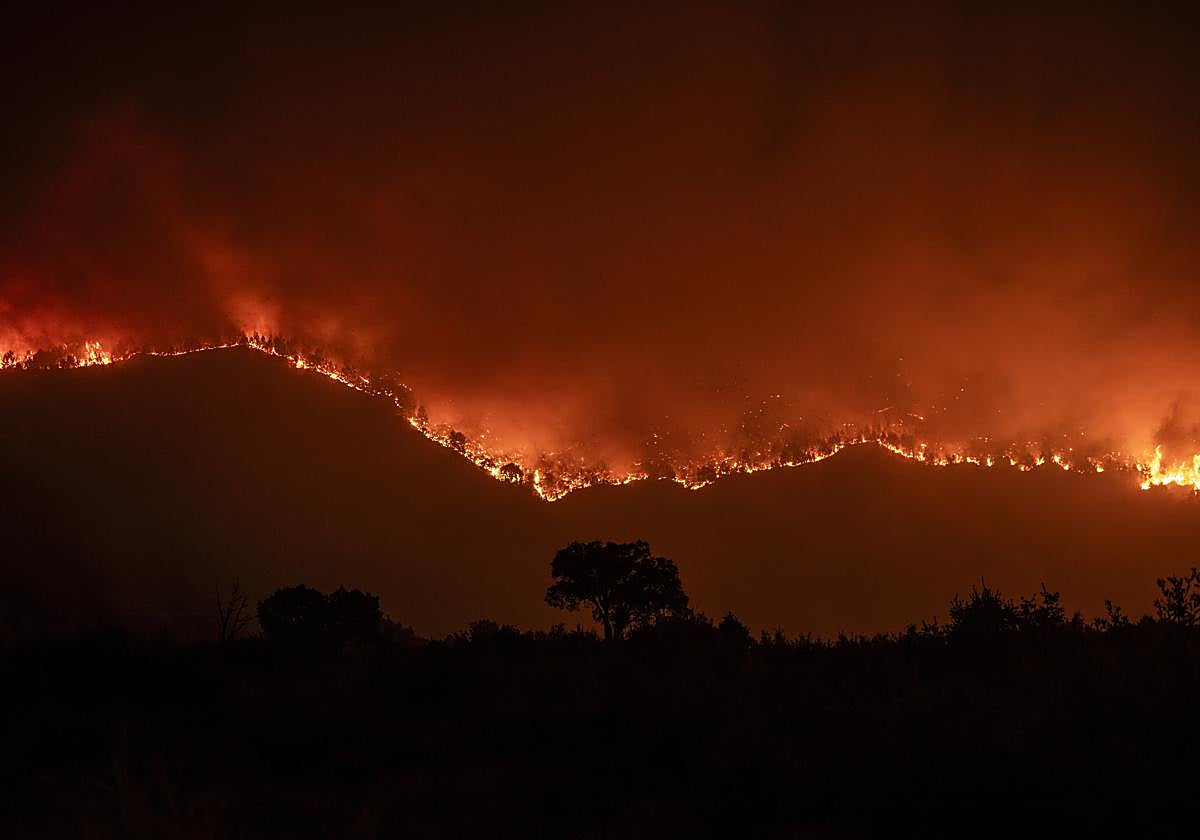 Vista del incendio en Oímbra durante la noche de este miércoles