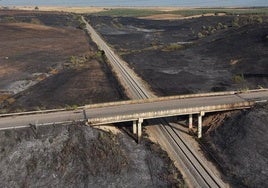 Imagen desoladora de Calera y Chozas con todo el terreno de pastos y monte bajo quemado junto a la vía del tren y la CM-4130