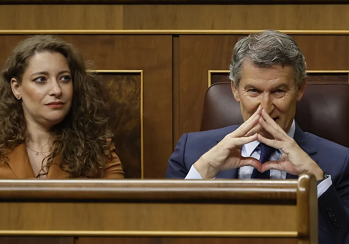 Ester Muñoz, portavoz parlamentaria del PP, y Alberto Núñez Feijóo, presidente del partido, durante una de las sesiones plenarias en el Congreso de los Diputados