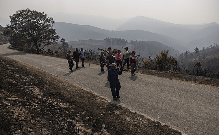 Imagen principal - El primer fuego en Maceda se declaró hace una semana. Desde entonces los vecinos lucharon para controlar las llamas, amenazados por varios flancos que «parecían sembrados»