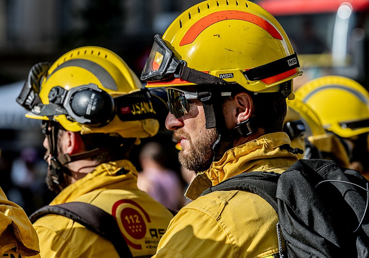 Miembros de las brigadas forestales que trabajan en Madrid, en una de sus protestas