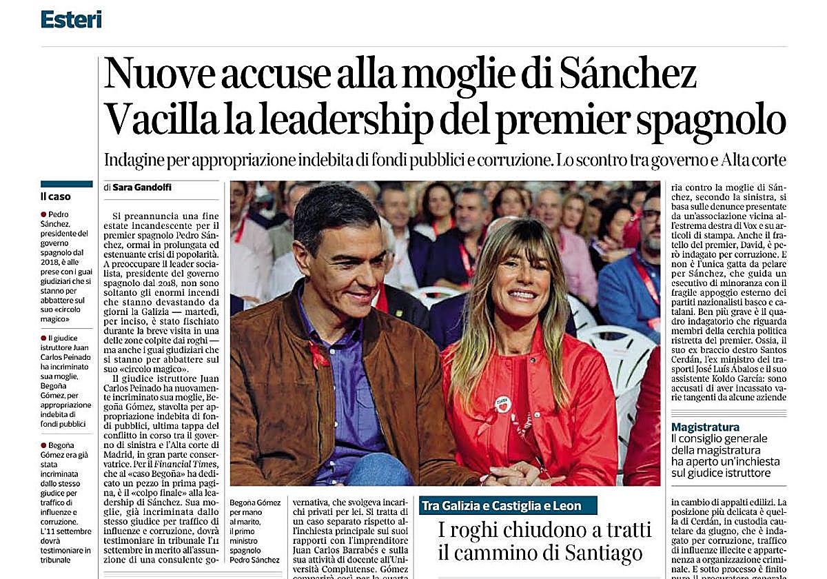 Imagen de la publicación del 'Corriere della Sera' sobre Sánchez