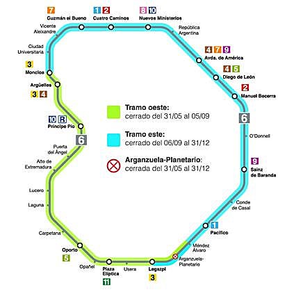 Plano del recorrido de la línea 6 y del cierre de sus tramos