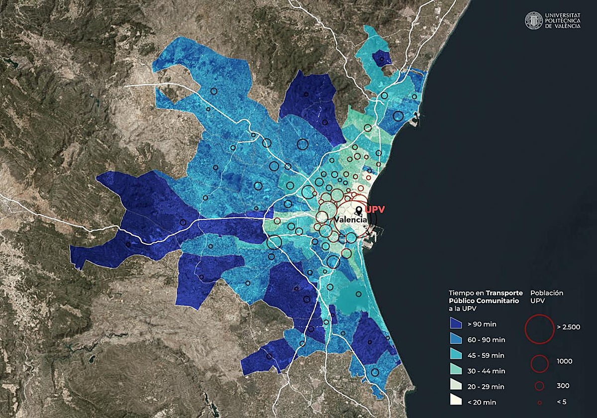 Tiempos de desplazamiento en transporte público a la Universitat Politècnica de Valencia