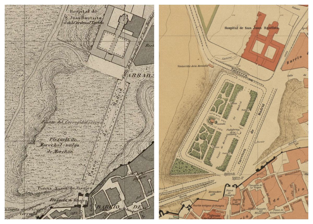 A la izquierda, el plano de Coello (1857) recoge el arbolado paseo de Madrid y la desolada plazuela de Merchán con la fuente (ya seca) que había creado el corregidor Antonio M. Navarro en 1827. A la derecha, un plano de 1900 refleja el ajardinado paseo de Merchán y la salida de la carretera hacia Talavera desde la fachada de Tavera, vial abierto en 1867