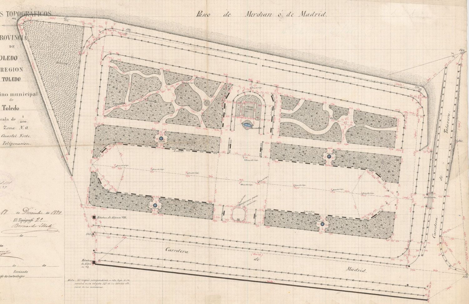 Plano del paseo de Merchán en 1879 (Instituto Geográfico y Estadístico). A la izquierda, un espacio triangular se rotula como vivero. Se detallan las fuentes, bocas de riego y una «plataforma para la música» enfrente de la 'Casa rústica' y la cascada. En la parte inferior, la carretera (o paseo) de Madrid con las estatuas de Alfonso VI y Alfonso VIII situadas en el extremo izquierdo