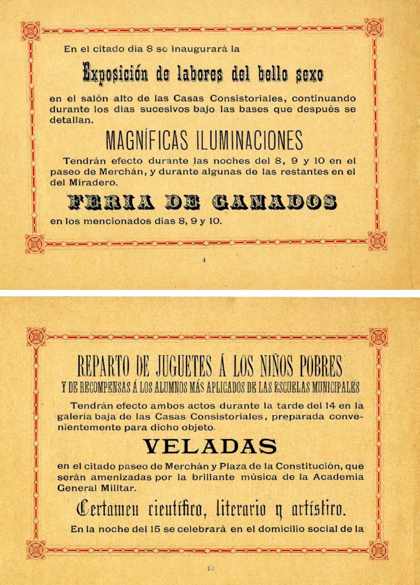 Programa oficial de las fiestas de agosto de 1888. El paseo de Merchán ya acogía algunos de los actos previstos para la feria. Sin embargo, las iluminaciones y veladas de música se compartían aún con el paseo del Miradero. Pocos años después el único real de la feria se concentraría en la Vega. Archivo Municipal de Toledo