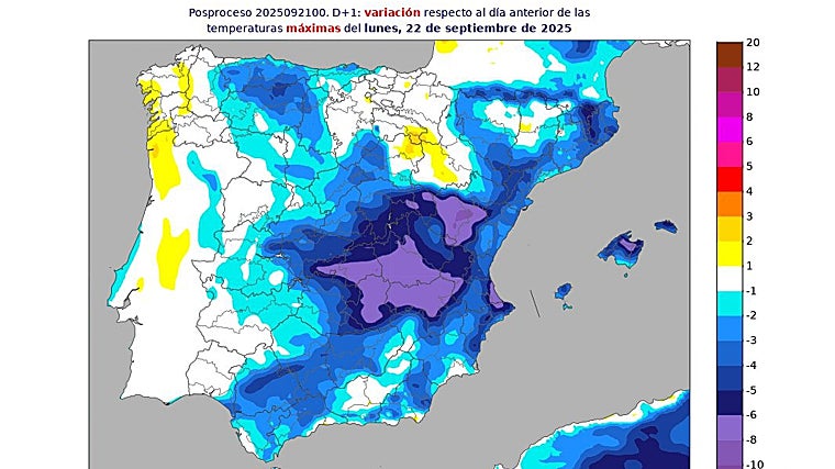 Variaciones térmicas de las temperaturas máximas en España par este lunes22 de septiembre