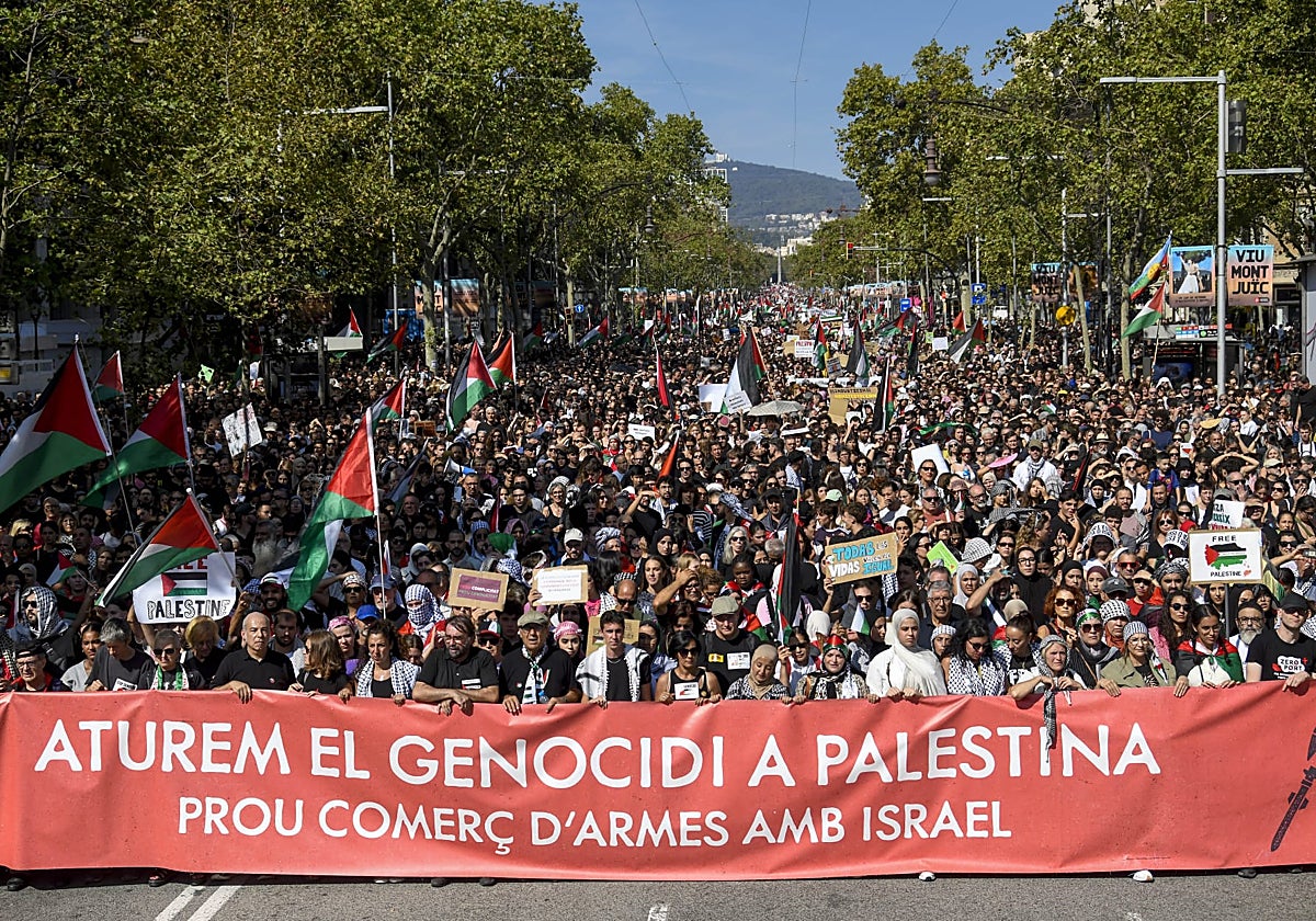 Cabecera de la manifestación propalestina de este sábado en Barcelona en apoyo a la Flotilla