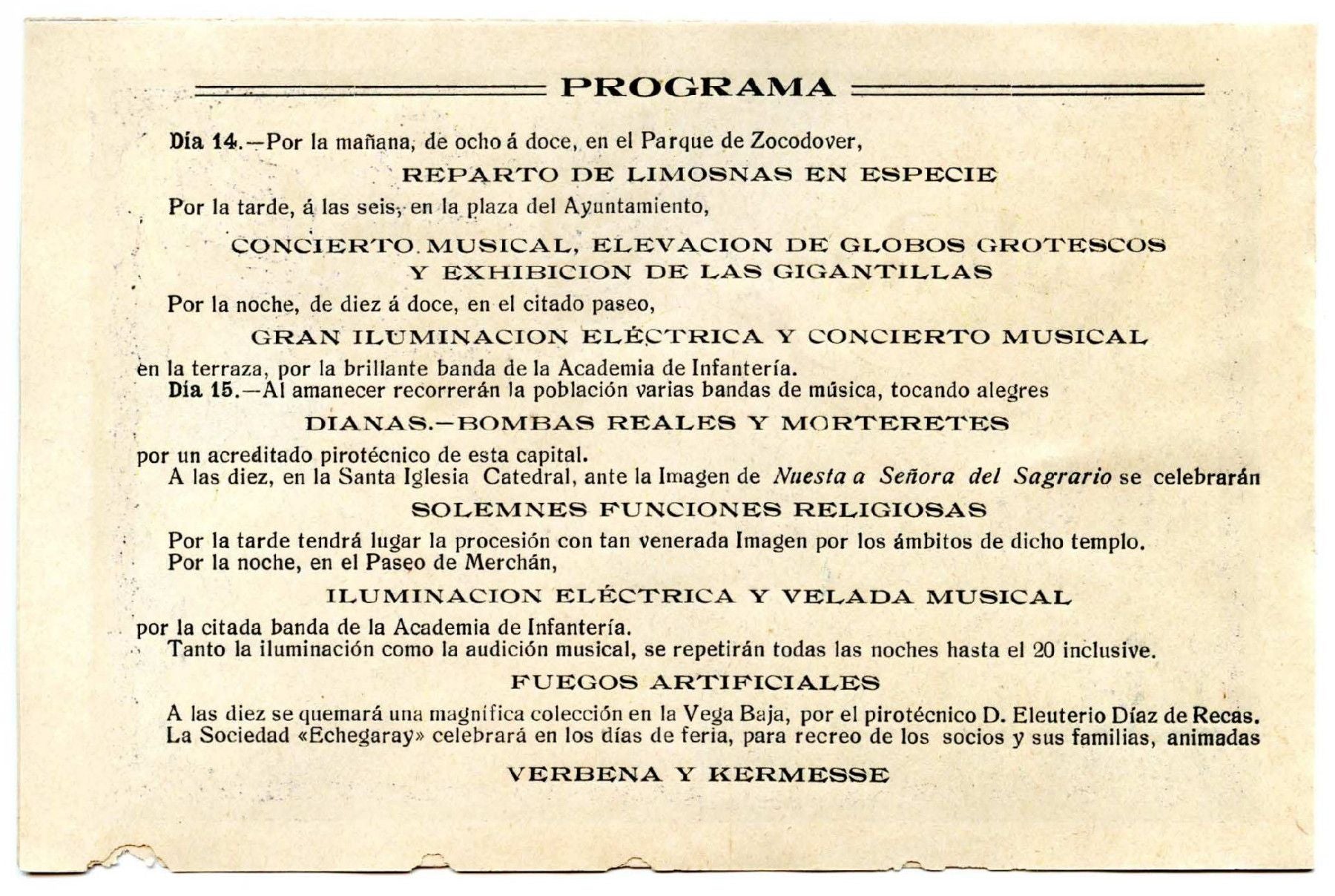 Programa de la 'Feria y Fiestas' de 1913. En la relación de actos figuran los previstos en el paseo de Merchán como eran unas funciones religiosas, verbenas y los fuegos artificiales
