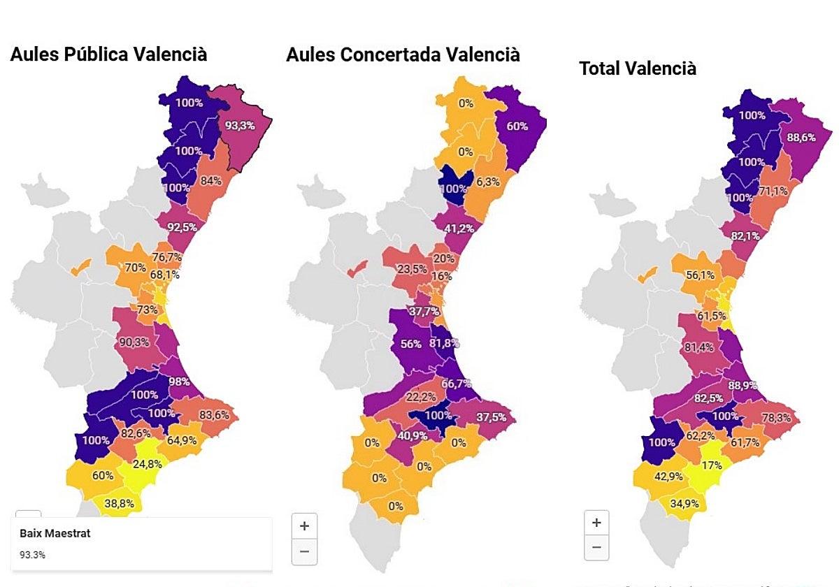 Mapas con el número de aulas en valenciano en Infantil sólo en las zonas de predominio de esta lengua, difundidos por Famílies pel Valencià
