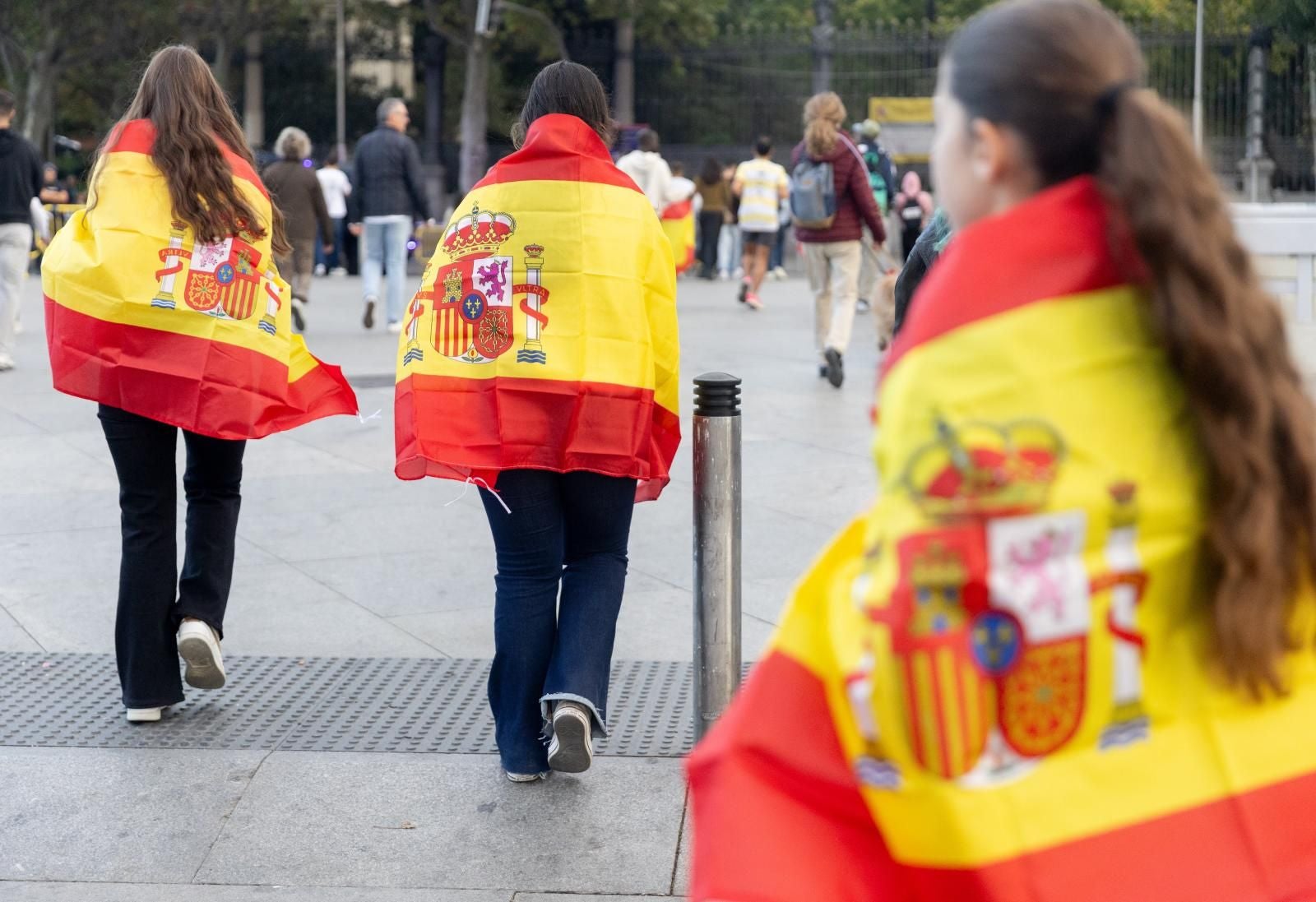 Miles de ciudadanos, muchos ataviados con banderas y símbolos nacionales, se han congregado en el centro de Madrid para vivir en directo el desfile