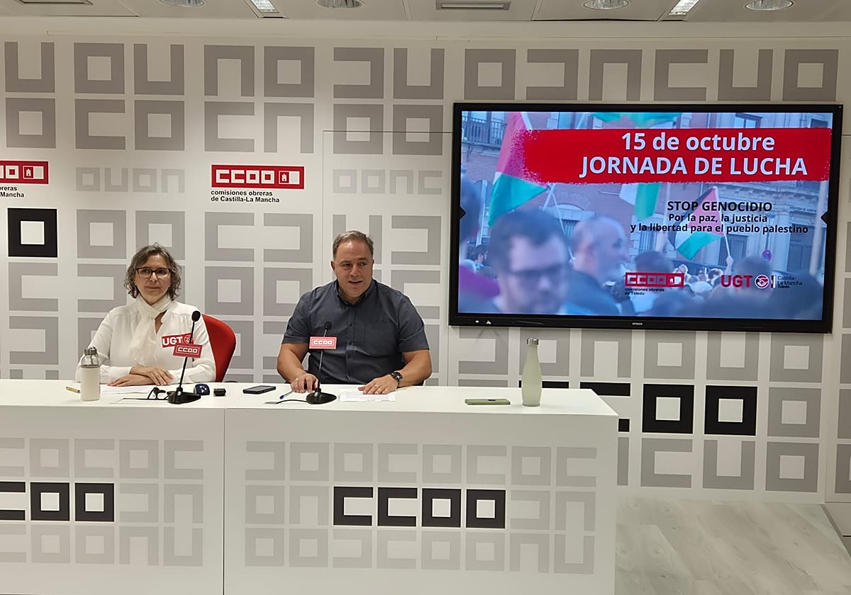 Silvia López (UGT) y Federico Pérez (CCOO) durante la rueda de prensa