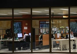 Funcionarios trabajando en el edificio Torretriana, la principal sede administrativa de la Junta de Andalucía