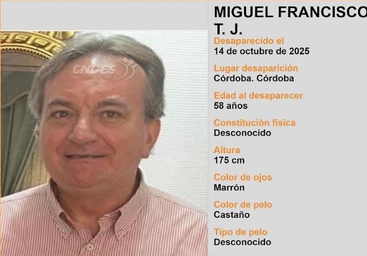 Buscan a un hombre de 58 años desaparecido en Córdoba desde el pasado 14 de octubre