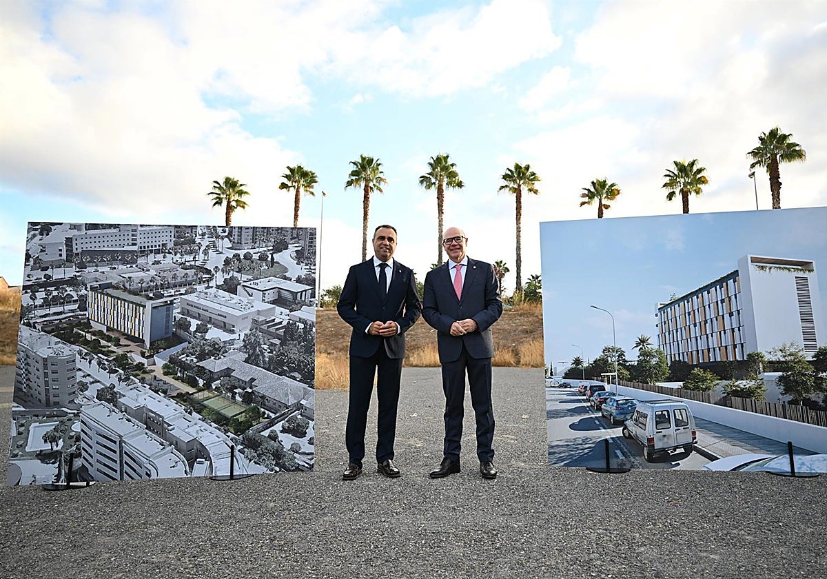 Francis Rodríguez (izda) y Pedro Mercado, entre dos imágenes de la futura residencia universitaria