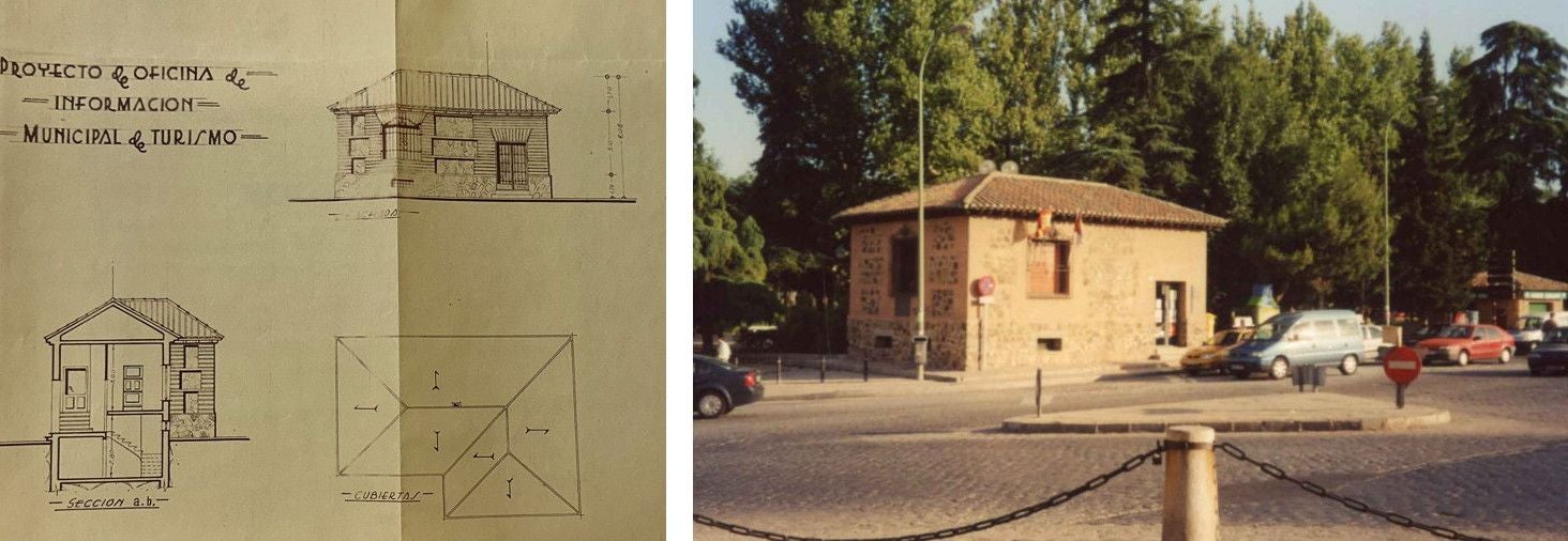 En 1959 el Ayuntamiento acordó levantar una Oficina Municipal de Turismo en una esquina del paseo de Merchán. A la izquierda, el proyecto original del arquitecto Flaviano Rey de Viñas. A la derecha, el edificio poco antes de su derribo en el año 2000. Archivo Municipal de Toledo