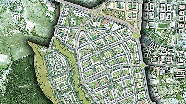 Imagen después - Mapa actual del terreno y recreación del plano del futuro barrio