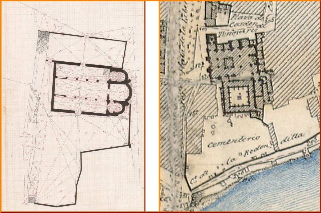 Dos camposantos provisionales de los habilitados en Talavera, entre 1834 y 1884, a falta de un único mortuorio municipal. A la izquierda, planta de la iglesia de San Clemente y su extenso patio destinado a las inhumaciones. A la derecha, el cementerio habilitado entre Santa María la Mayor y el recinto amurallado inmediato al río. Instituto Geográfico y Estadístico (1884)
