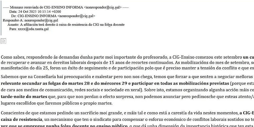 Este es el correo de la CIG a los profesores para cobrar por ir a la huelga y que desmonta el 'bulo' que denunció Ana Pontón