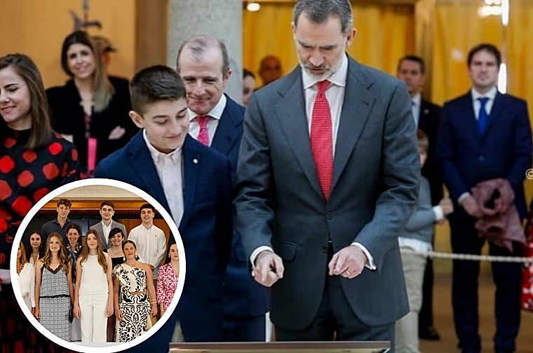 Don Felipe com José Gomez (topo) em 2019. Abaixo: Com os Infantes no décimo aniversário da coroação de seu pai Felipe VI como Rei da Espanha.