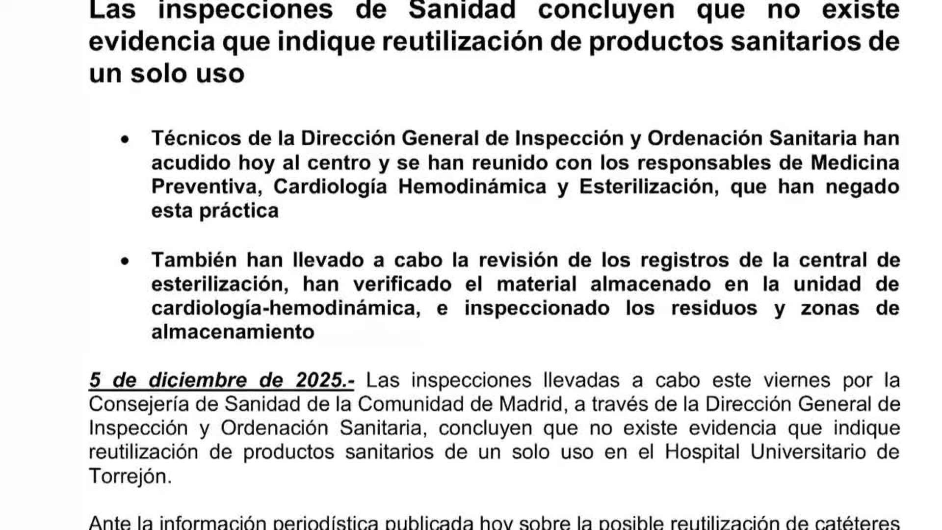 La Comunidad no halla evidencia de la reutilización de material en el Hospital de Torrejón