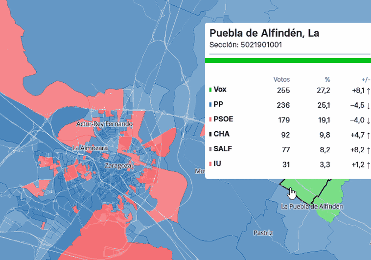 Mapa calle a calle de los resultados de las elecciones en Aragón en 2025