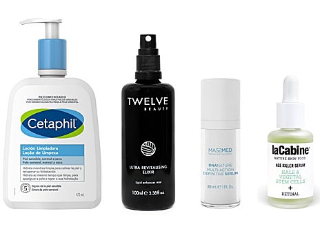 Imagen secundaria 1 - Selección de productos con los activos del momento: Cetaphil Loción Limpiadora, con niacinamida y pantenol (20,80 €); Ultra Revitalising Elixir de Twelve Beauty, un tónico con Bayas de Schizandra (52 €); DNA Nature Multi-Action Definitive Serum de Massada con extracto de jojoba (94,20 €); Sérum Age Killer de laCabine con retinal (12,95 €); Ideal Rebalancing Level Serum de Twelve Beauty, rico en epilobio (64 €). 