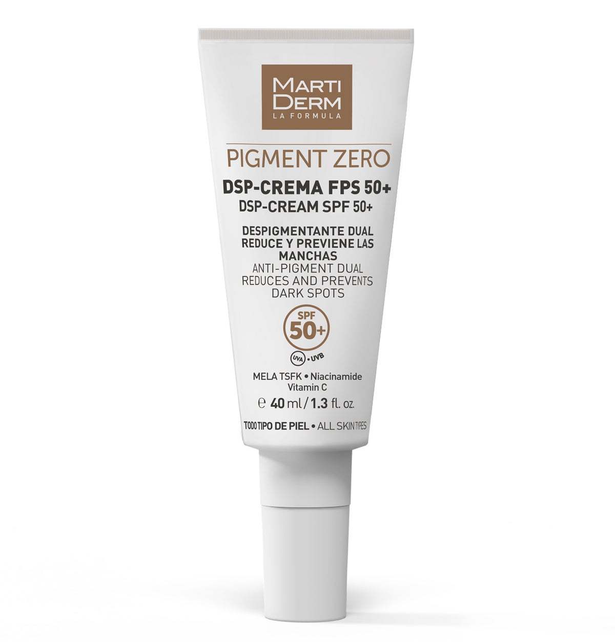 Pigment Zero Crema despigmentante DSP- SPF5 50+ de Martiderm (29,40 euros). Crema de día con innovadores activos despigmentantes y filtros solares que ayuda a reducir y prevenir las manchas, unificando el tono a la vez que hidrata y combate la oxidación celular.